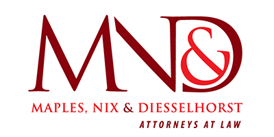 Logo for law firm, "Maples, Nix & Diesselhorst," with initials "MND." Dark red letters over white background.