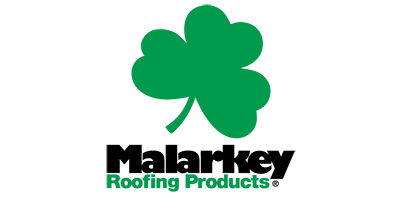 Green shamrock logo with the word "Malarkey" and "Roofing Products" below.