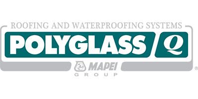 Logo for Polyglass Q roofing and waterproofing systems, part of the Mapei Group, teal and white on a grey background.