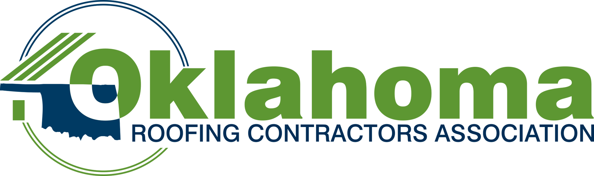 Logo of the Oklahoma Roofing Contractors Association, green text and shape of Oklahoma.