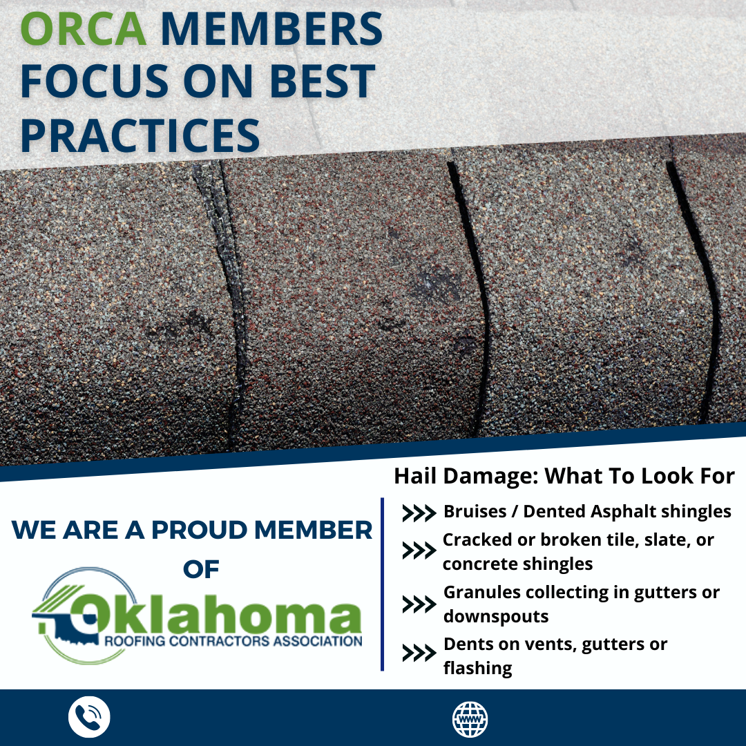 Advertisement for roofing contractors association. Image includes roof shingles and lists signs of hail damage.