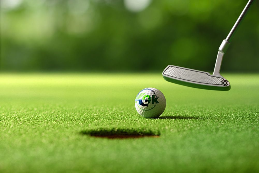 Golf ball with a logo near the hole being putted by a golf club on a green course.