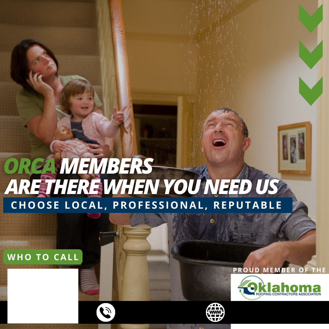 Family watching water pouring from ceiling as man catches it in bucket. OREA ad.