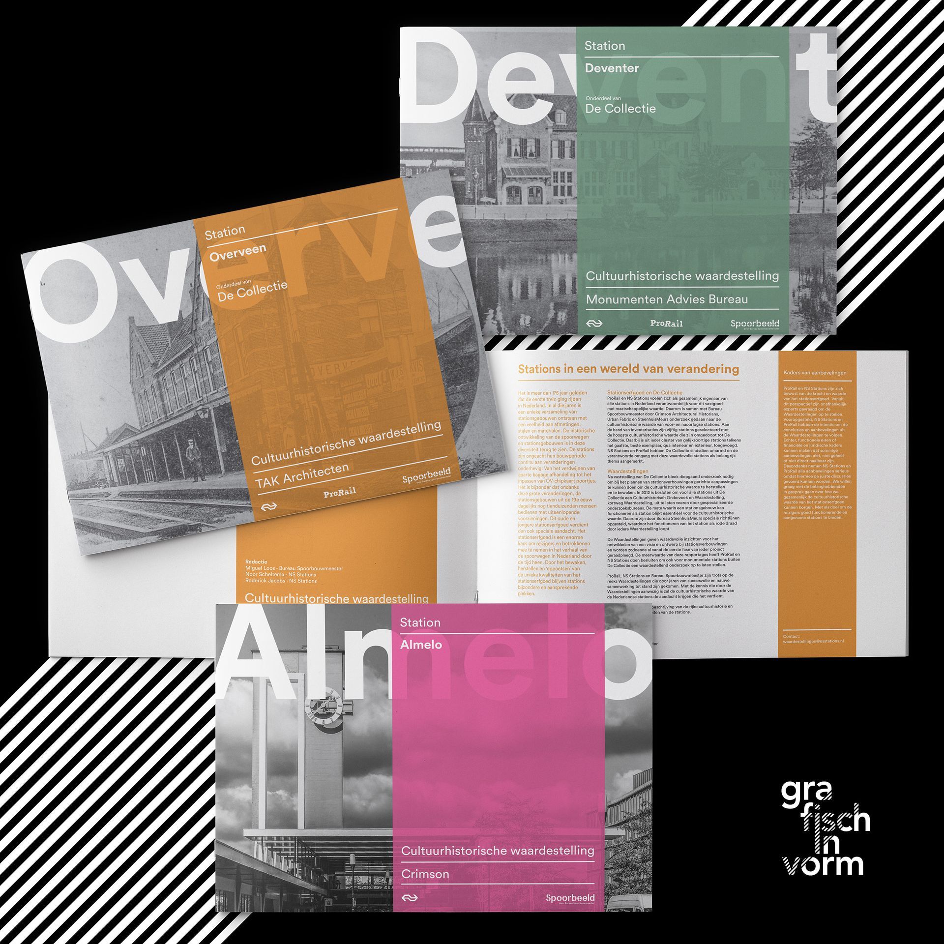 Brochure-indeling met gekleurde blokken en architectuurfoto's, op een zwarte achtergrond met diagonale strepen.