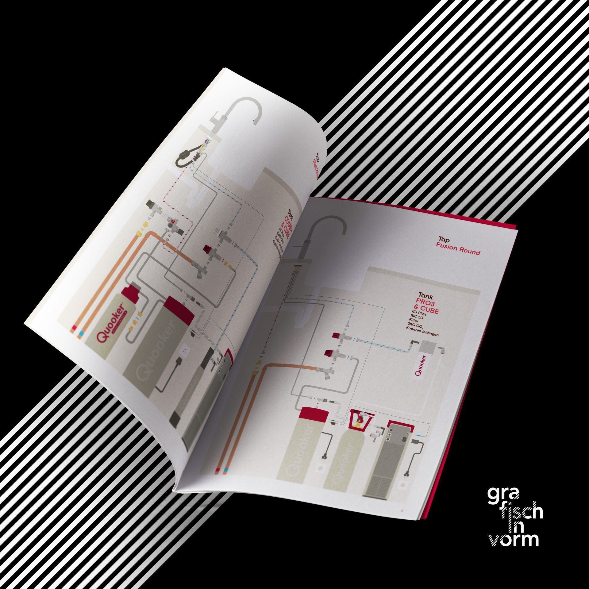 Open boekje met diagrammen en rode accenten, afgezet tegen een zwart-wit gestreepte achtergrond.