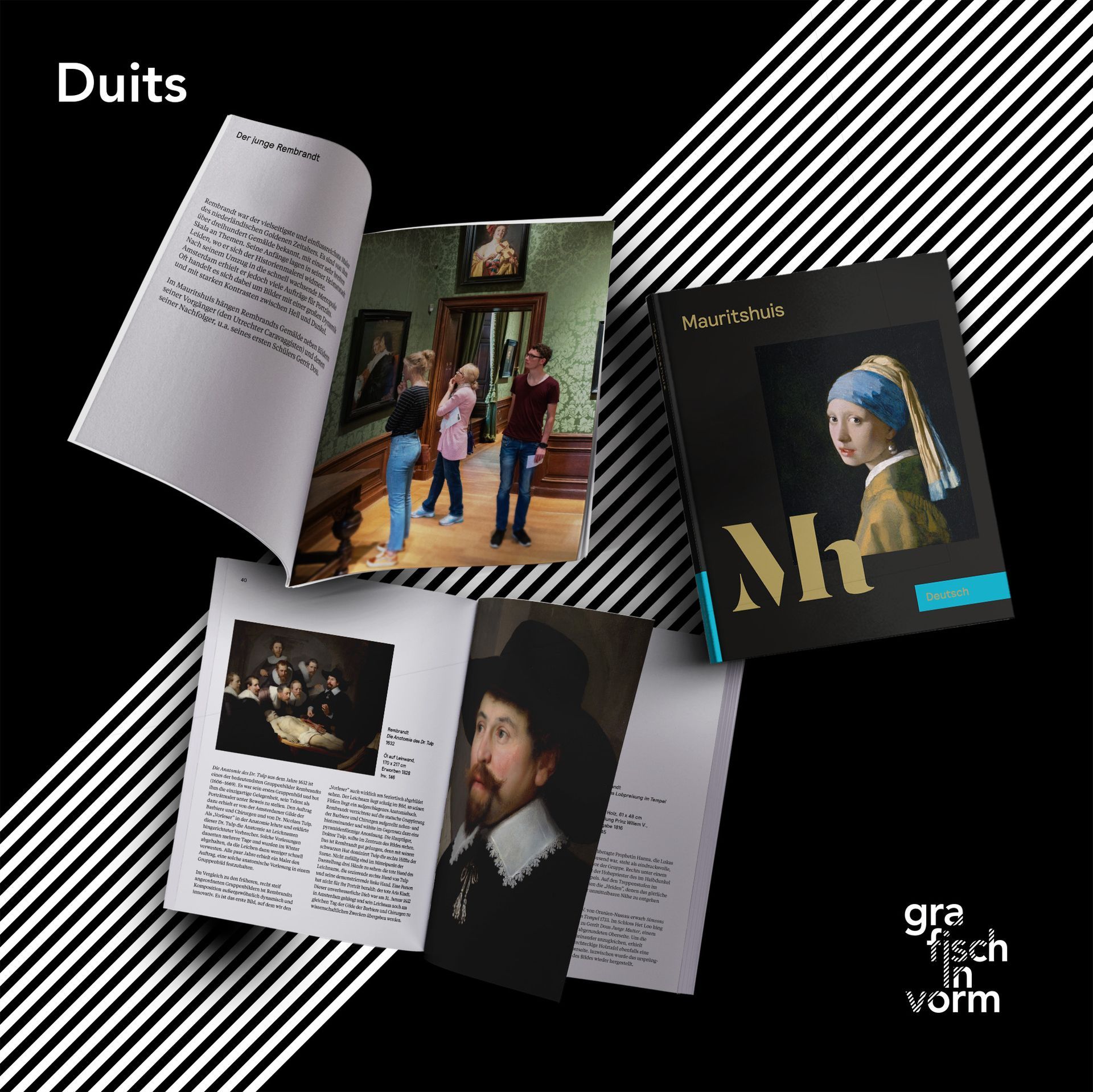 Een boek en opengeslagen pagina's met afbeeldingen van Nederlandse kunst; bezoekers in een museum. Zwarte achtergrond met witte diagonale strepen.