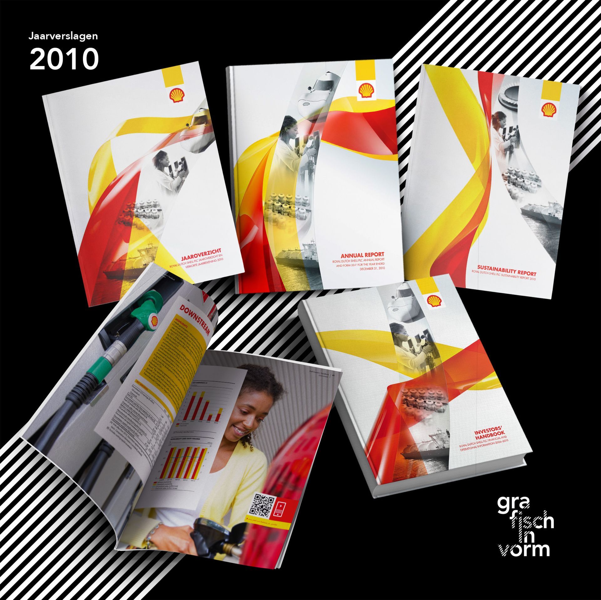 Shell-brochures, editie 2010, met een rood-geel-wit kleurenschema. Een persoon is afgebeeld terwijl hij een voertuig tankt.