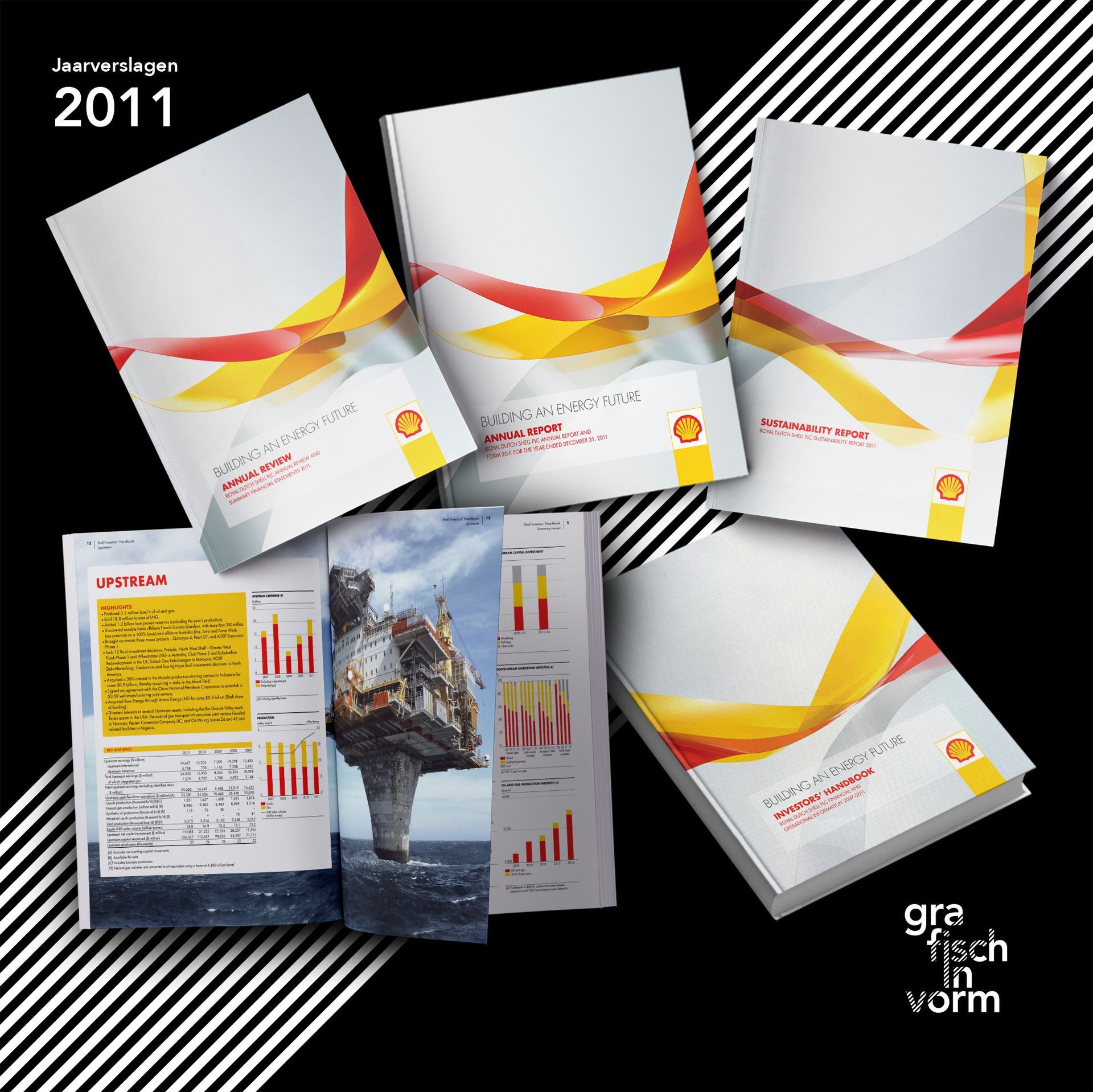 De jaarverslagen van Shell liggen open en tonen grafieken en een foto van een offshoreplatform; op de cover staat het jaar 2011.