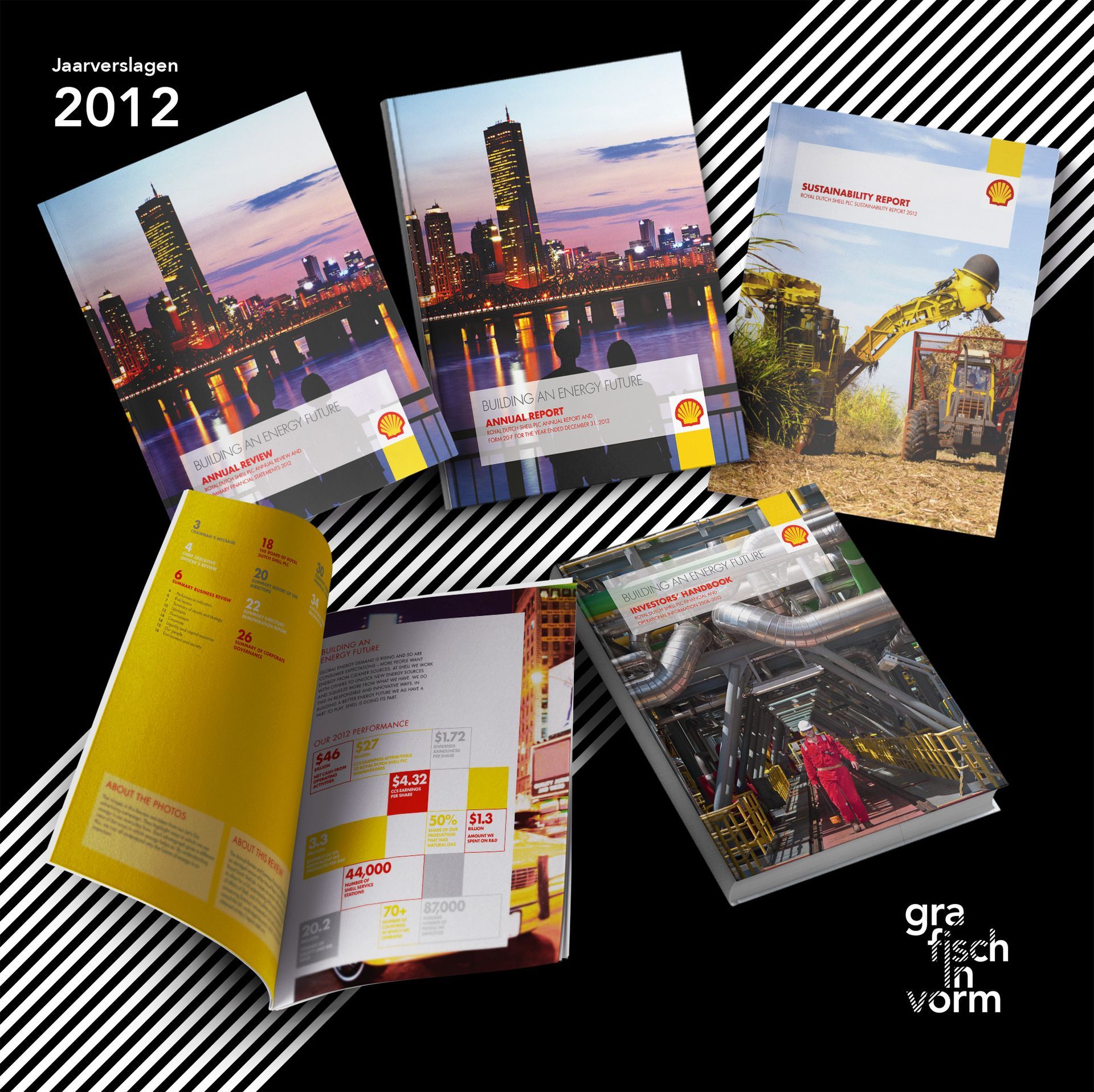 Publicaties van Shell uit 2012 met stadsgezichten, machines en industriële infrastructuur.