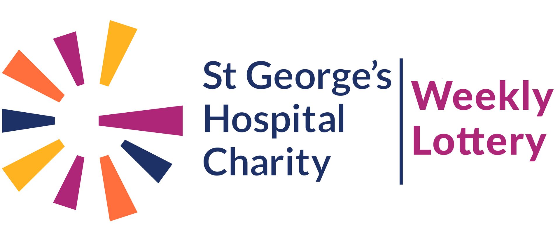 Logo for St George's Hospital Charity Weekly Lottery, featuring a colorful circular sunburst icon next to the text.