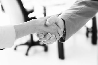 zwart wit afbeelding close-up een vrouwelijke en een mannelijke hand die elkaar een handslag geven