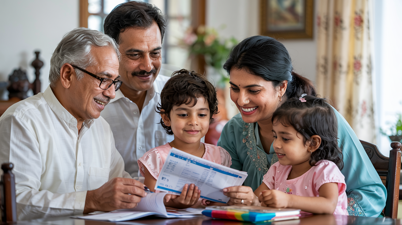 Three generations of a South Asian family seated around a dining table reviewing Umrah travel documents together in warm home lighting