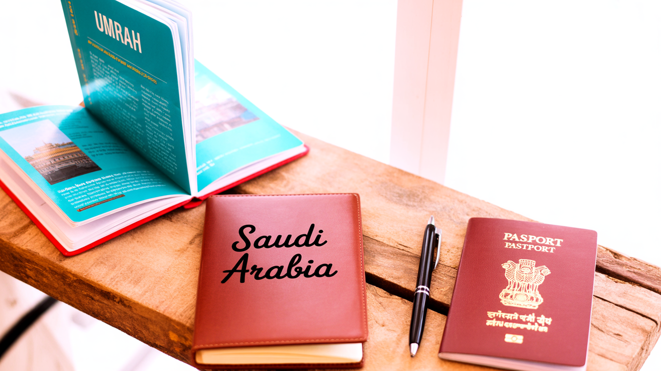 Umrah travel guide with Saudi Arabia passport and documents preparing for pilgrimage from Luton vaccination requirements.
