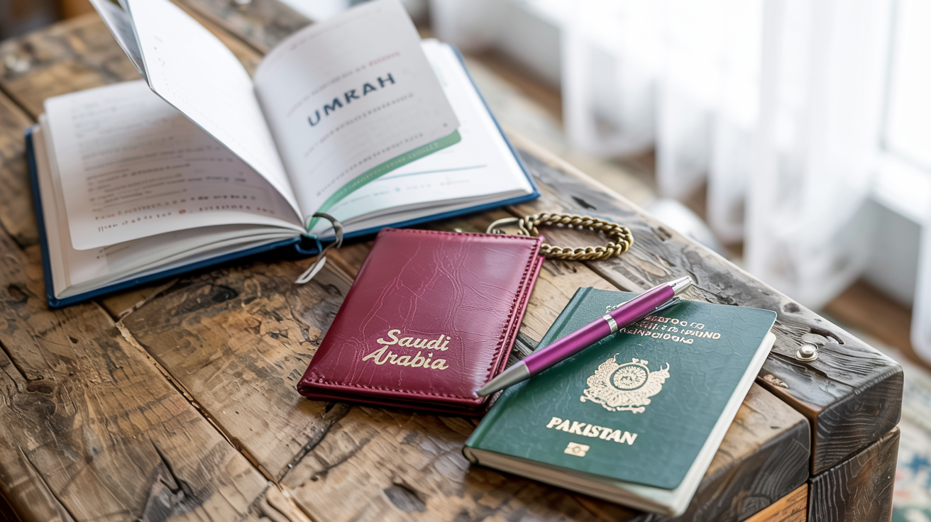 Umrah travel documents including Saudi Arabia passport holder and journal on wooden table.