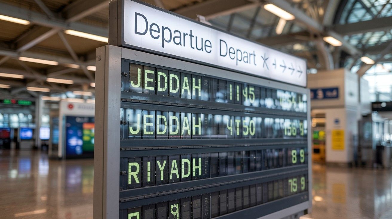 Airport departure board displaying imminent flight departures to Jeddah and Riyadh with amber and white LED lettering
