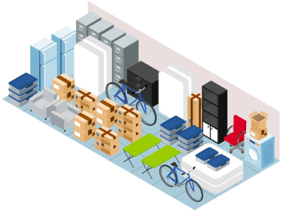 Storage unit filled with furniture, boxes, appliances, and bicycles.