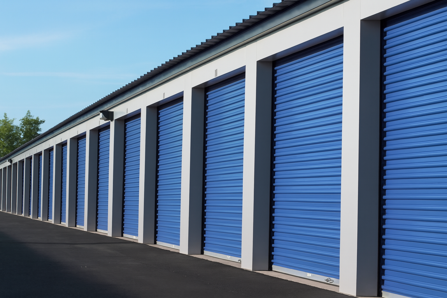 Blue storage unit doors in a row along a black asphalt road. White frames.