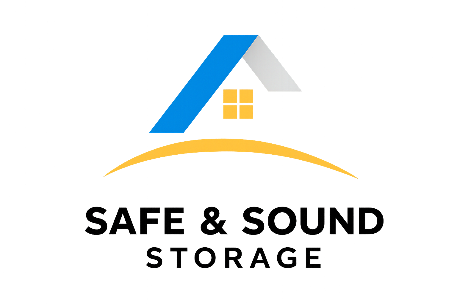 Logo: Blue and gray house silhouette over a gold arc, with the text "SAFE & SOUND STORAGE" below in black.
