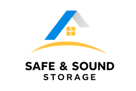 Logo: Blue and gray house silhouette over a gold arc, with the text "SAFE & SOUND STORAGE" below in black.