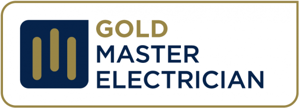 A gold master electrician logo on a white background