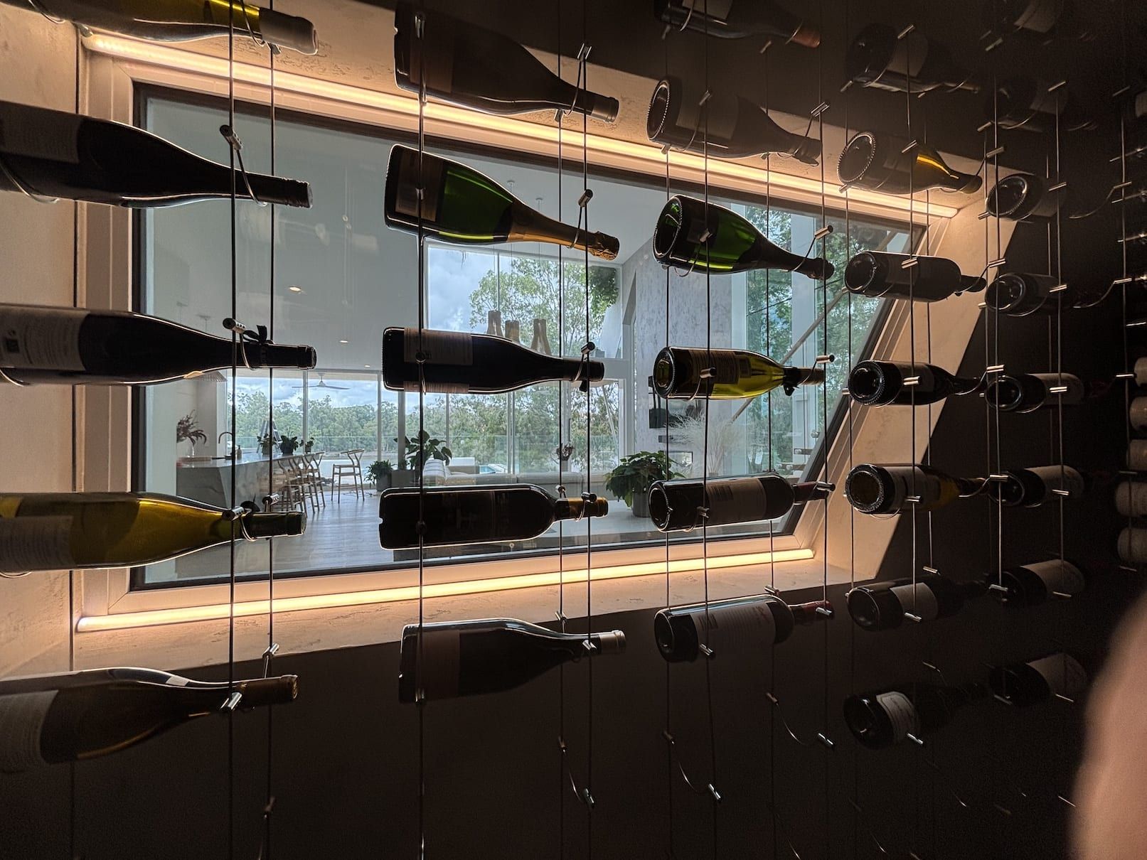 A row of wine bottles hanging from a glass wall.