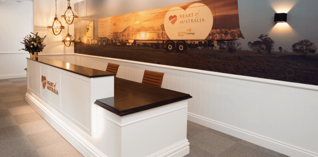 A long white counter in a room with a large picture on the wall behind it.