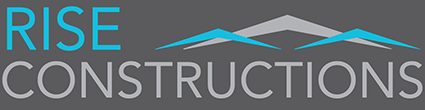 A logo for rise constructions with a mountain in the background.