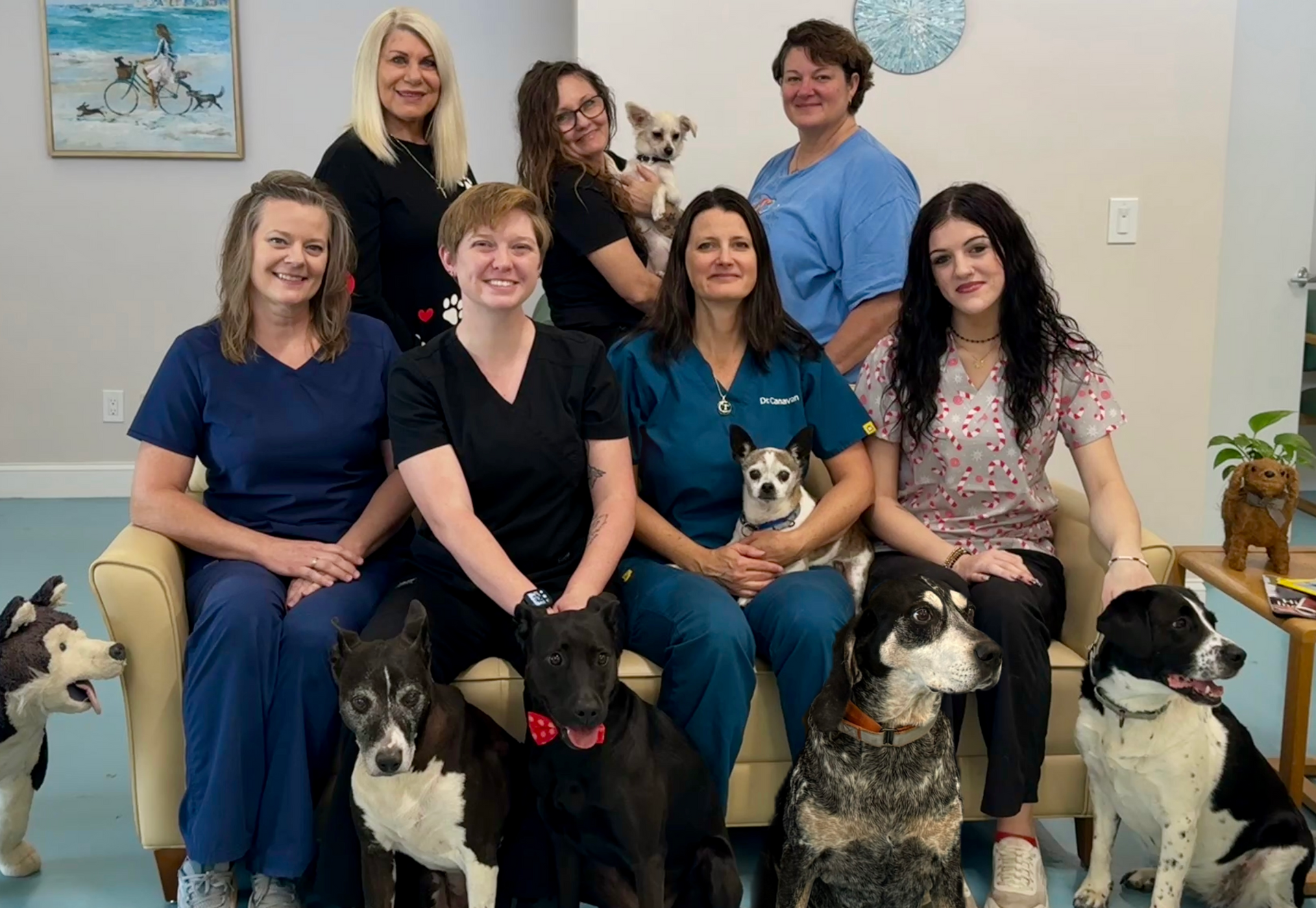 A group of people are posing for a picture with their dogs.