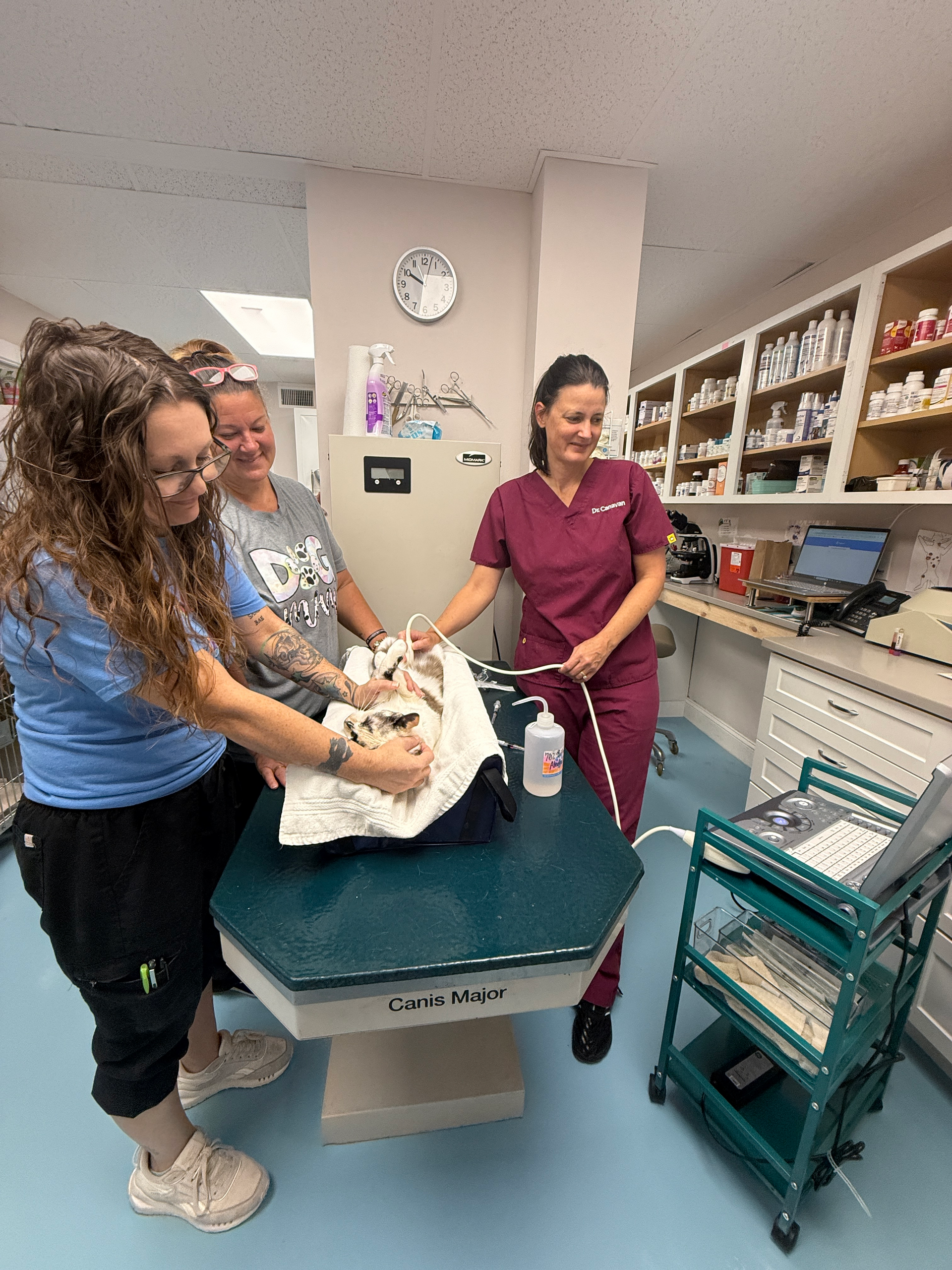 A laptop computer is sitting on top of a metal shelf.
