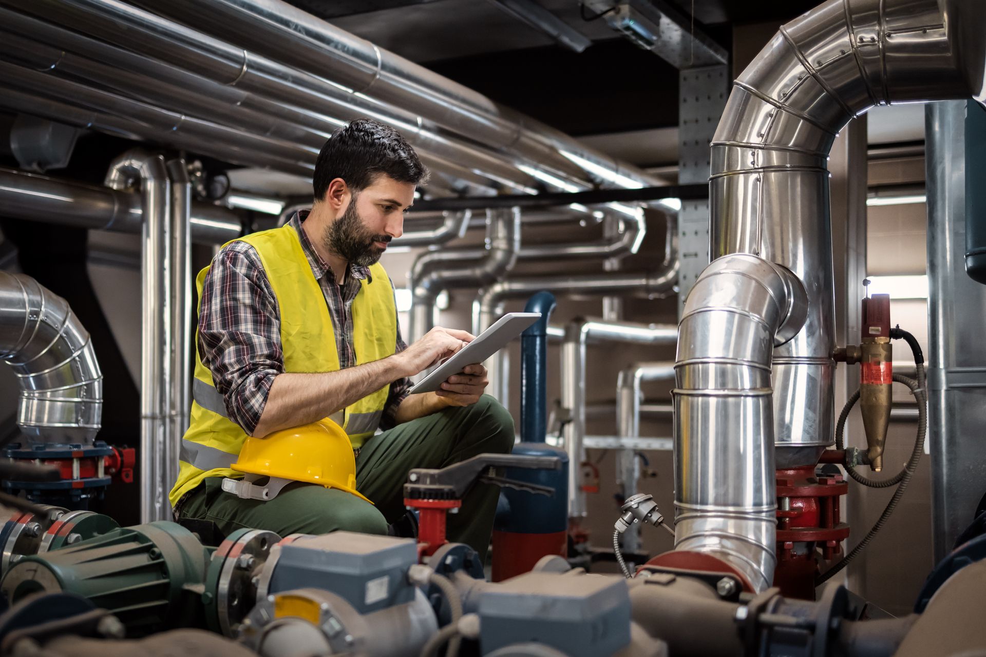 Stationary engineer installing pipes