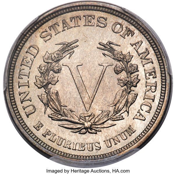 An 1883 Liberty Head V Nickel featuring the inscription 'United States of America' on the reverse surrounding a large 'V' for five cents. The coin shows light wear and a silver-like appearance.