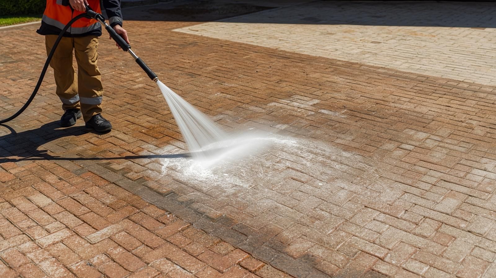Person power washing a brick driveway.