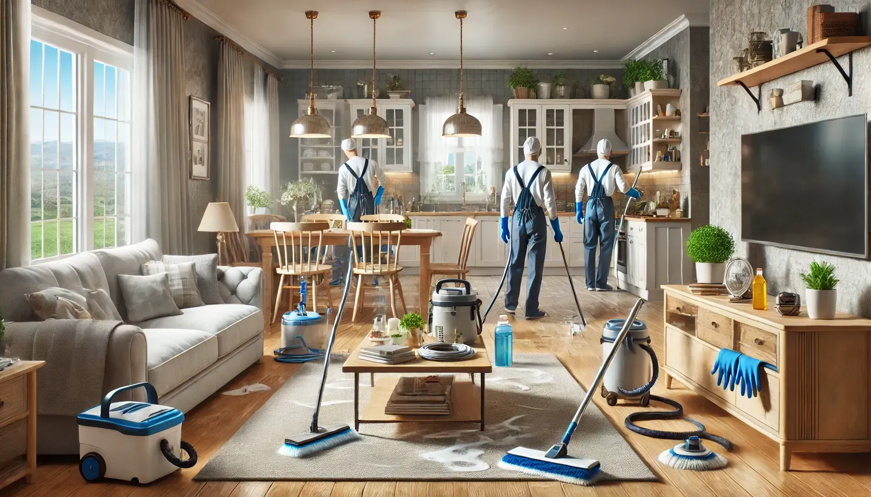 Cleaning crew sanitizing a bright, open-plan living and kitchen area with mops and vacuums.