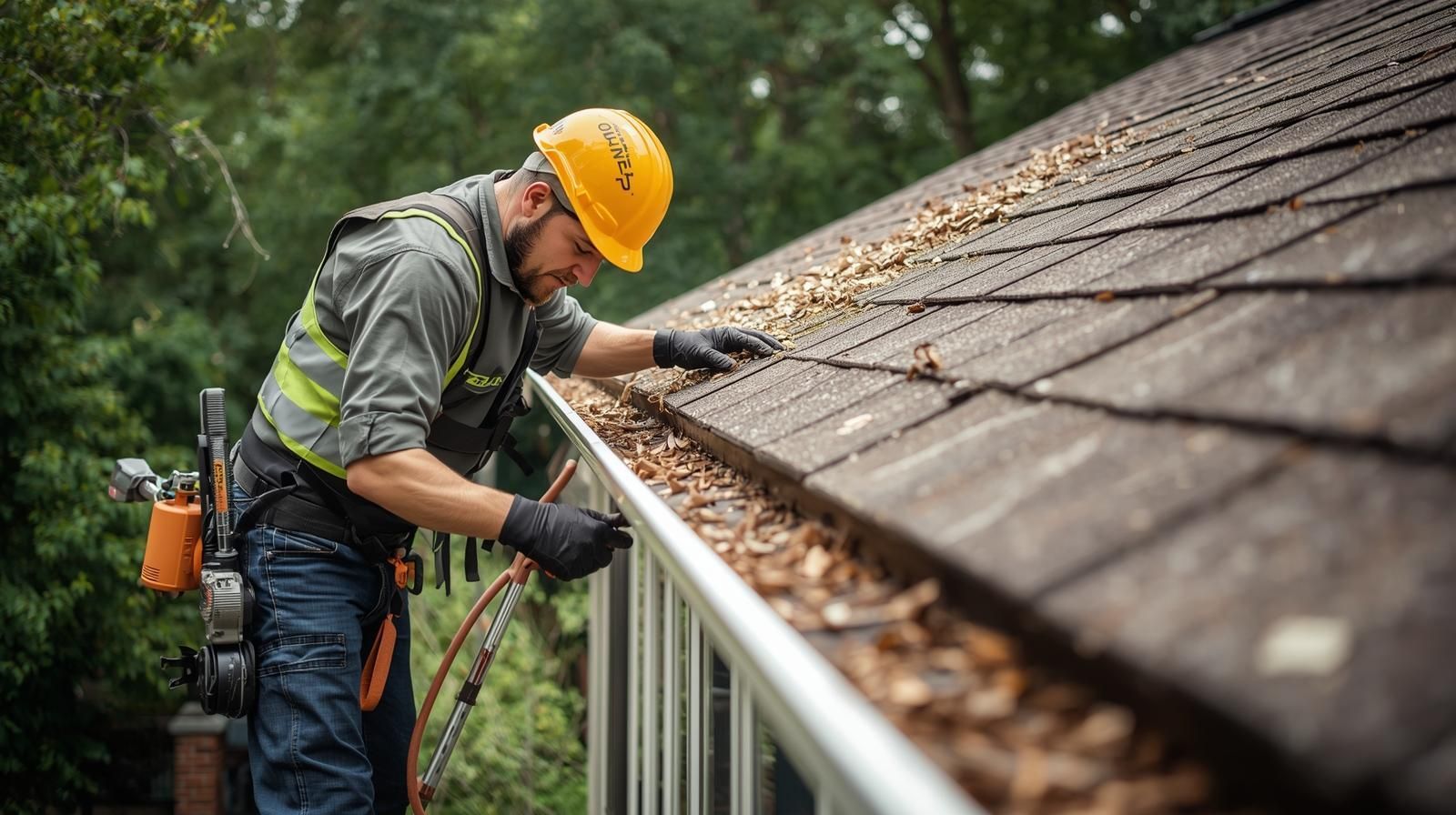 Man in safety gear cleaning a gutter on a roof, with leaves visible.
