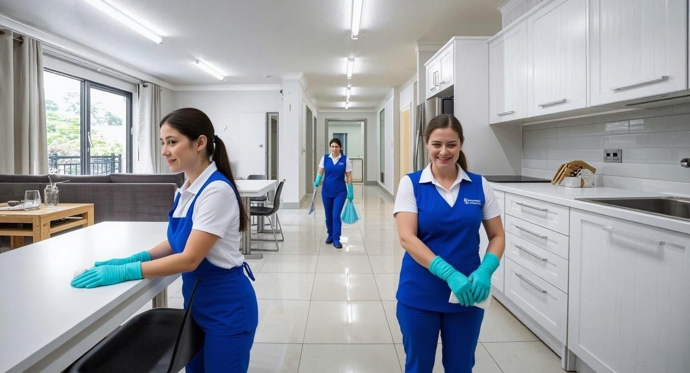 Three people in blue cleaning uniforms in a bright home. One cleans a table, another walks down a hall, the third smiles by a kitchen.