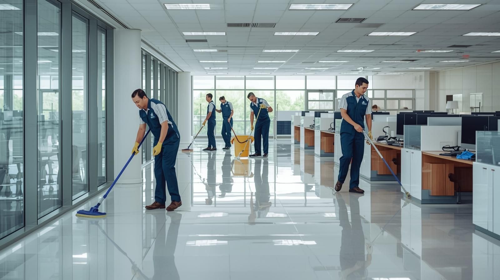 Janitors mopping a large office floor; sunlight streams through windows.