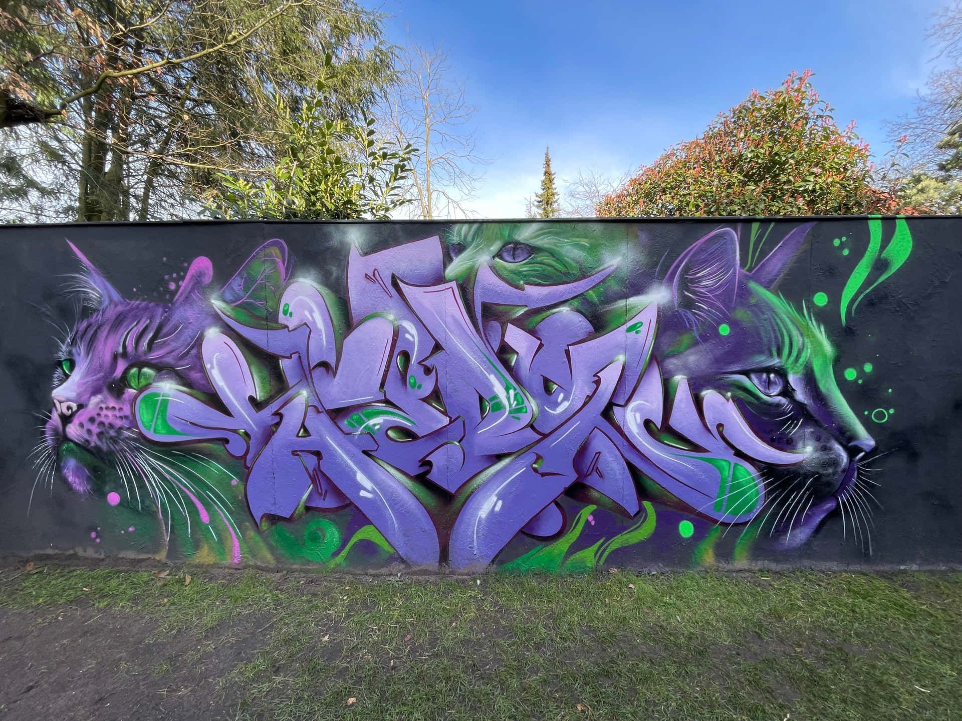 Graffiti mural on a black wall with two cat faces, purple and green paint, and stylized lettering.