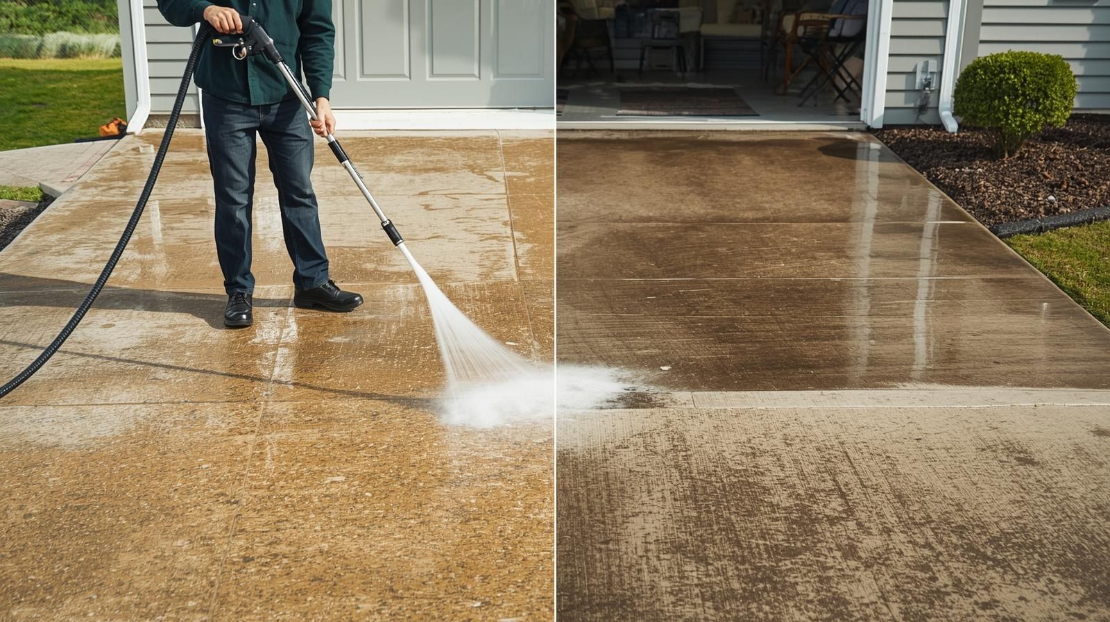 Person power washing a concrete surface, cleaning one side and leaving the other dirty.
