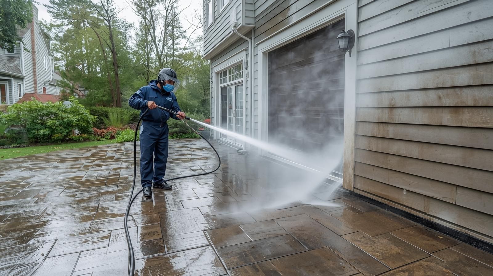 Person pressure washing a home's exterior, spraying water onto a stone patio near a garage door.