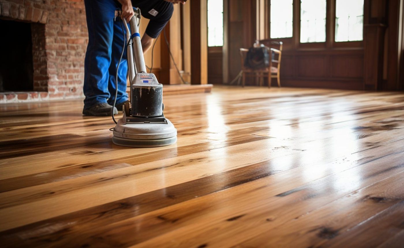 Person refinishing wood floor with a floor sander in a room with a brick fireplace.