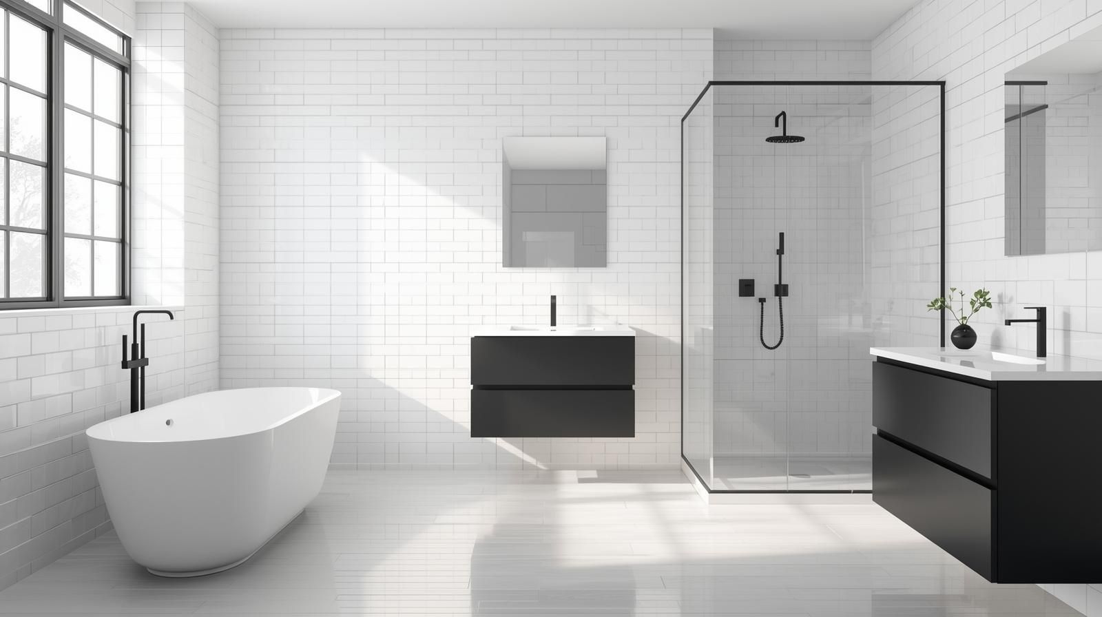 Modern white bathroom with black accents: freestanding tub, floating vanities, shower, window.
