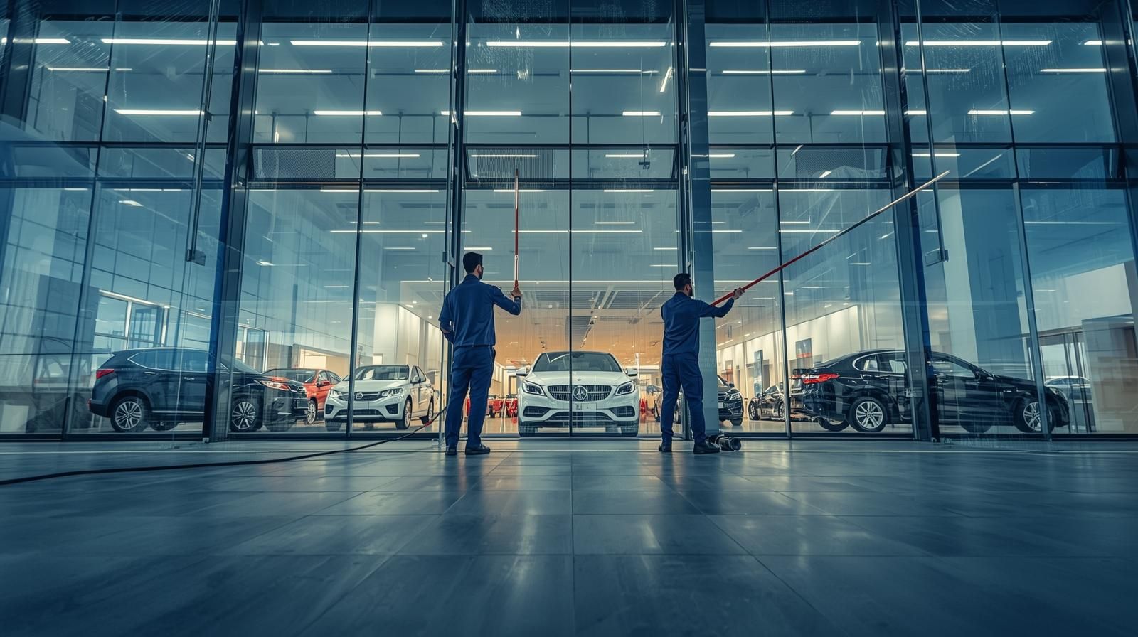 Two workers cleaning large windows of a car showroom, cars visible behind them.