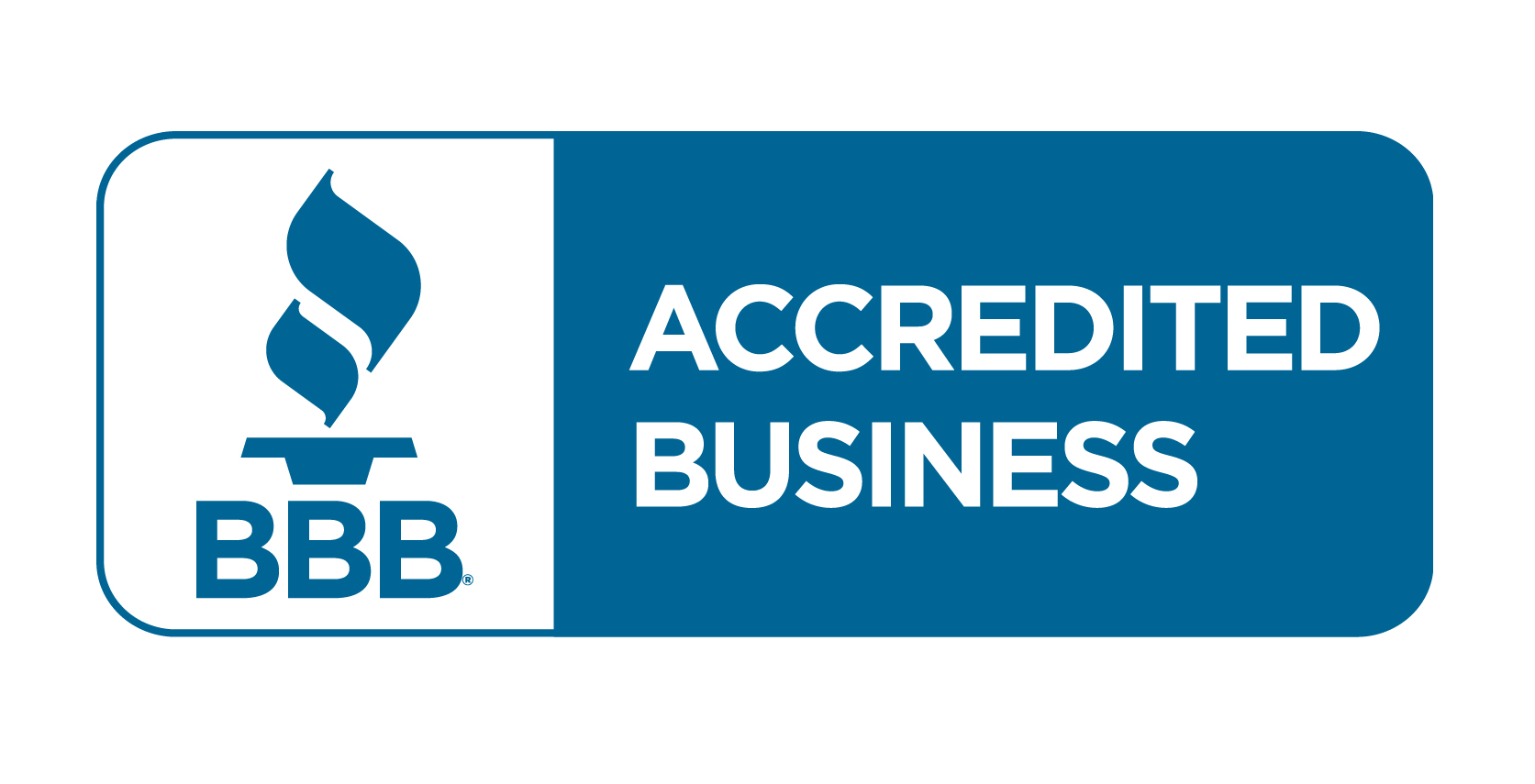 BBB Accredited Business logo, blue and white, with flame symbol and text.