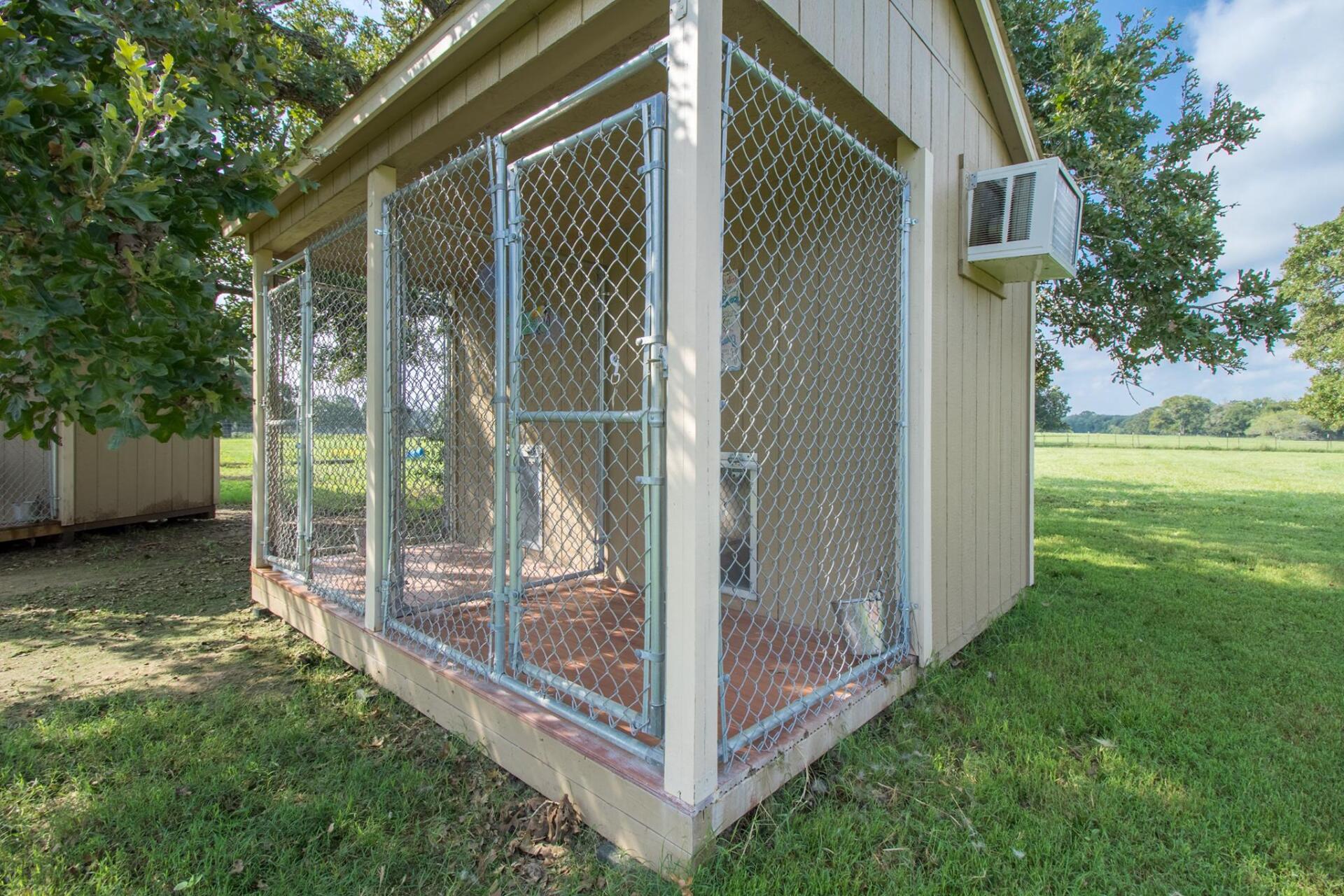 Outdoor dog kennels outside a building. - Bastrop, TX - K9 Mastery