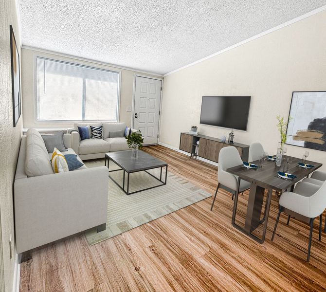 Photo of a living room, showing a couple of couches and a small dining area