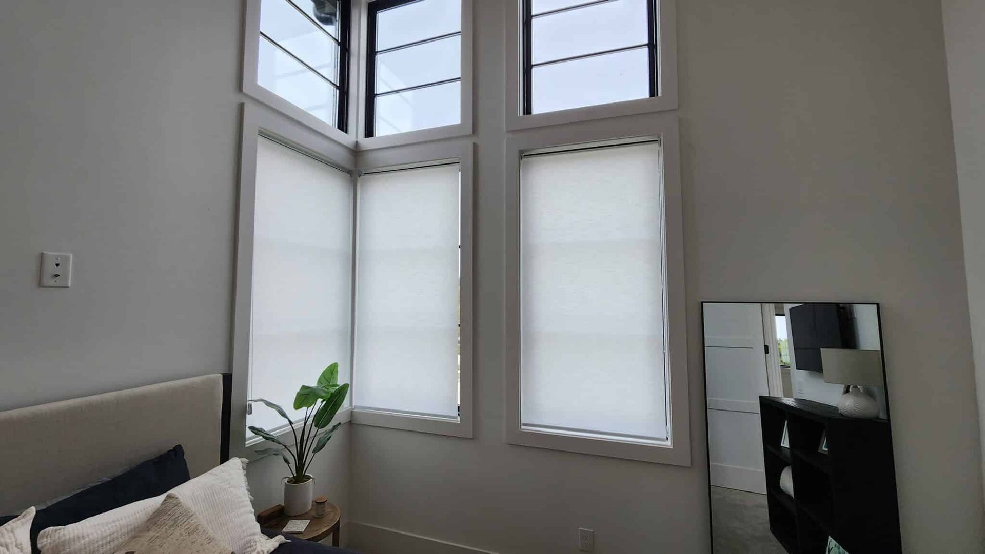 Bedroom with white-framed windows covered by light-colored blinds; small plant on nightstand, full-length mirror.
