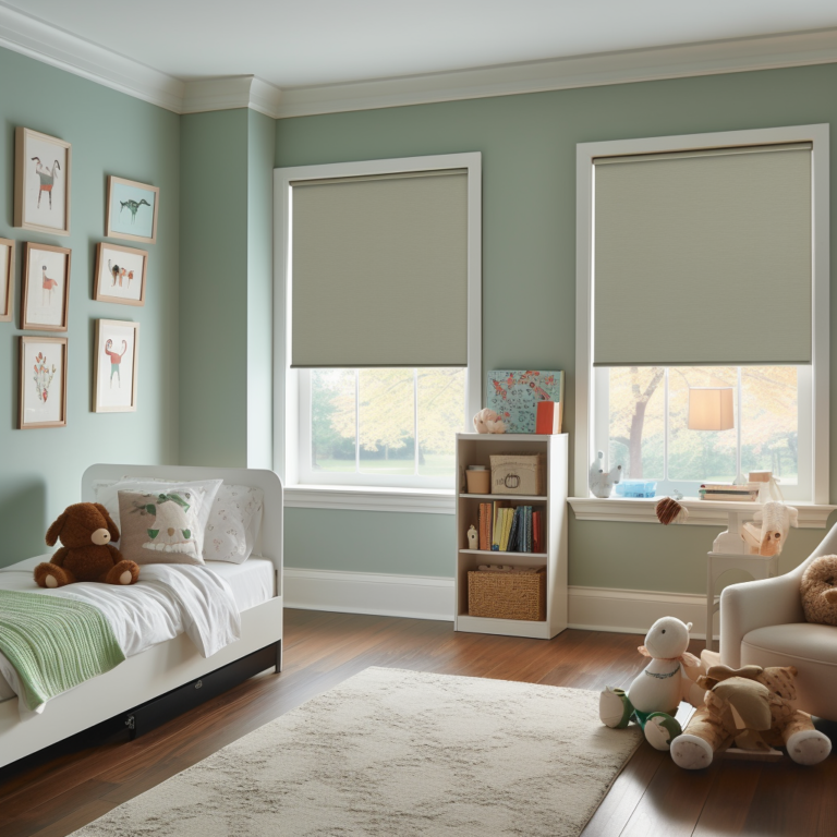 Child's bedroom with two windows, a bed, a chair, and a bookcase. Walls are light green, with a rug on the floor.
