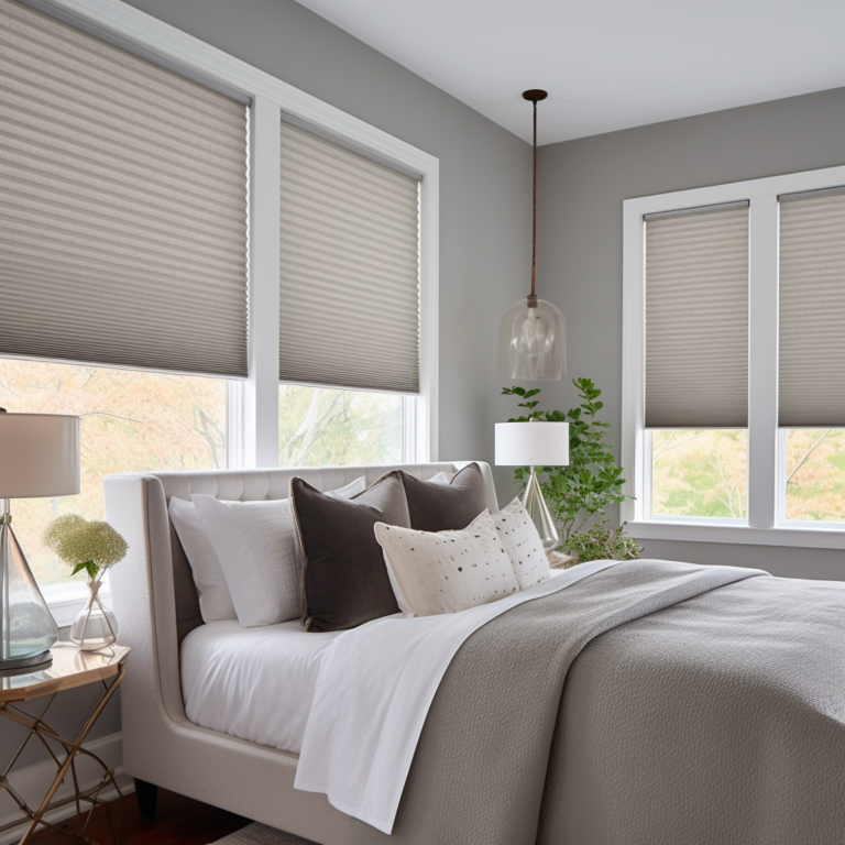 Bedroom with bed, neutral-colored pleated shades, lamps, and decorative pillows.