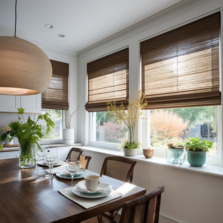Dining room with brown shades over windows, a wooden table with place settings, and a large round light fixture.