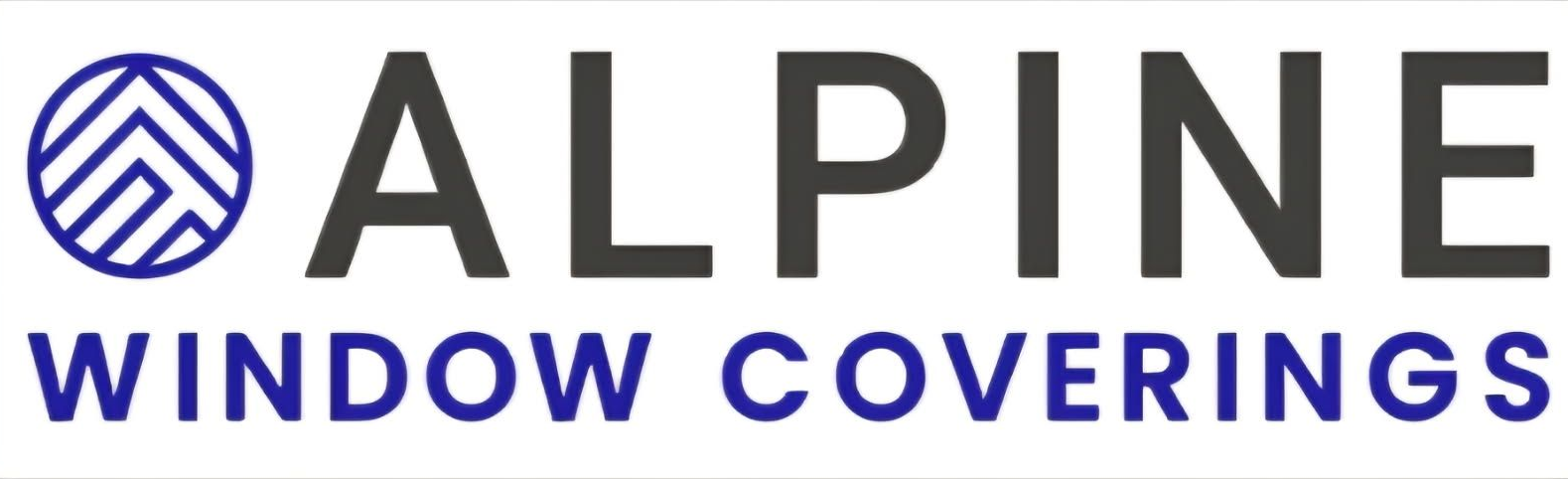 Logo of Alpine Window Coverings; dark gray text "ALPINE" over blue text "WINDOW COVERINGS", with a blue circle with a stylized mountain design.